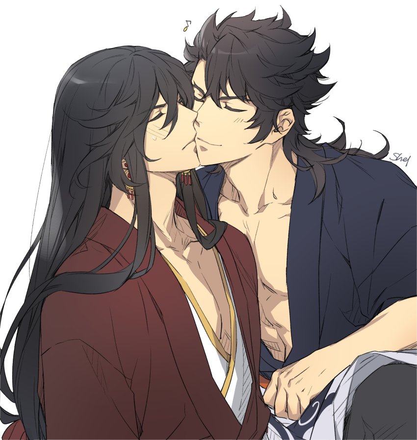 10s, 2boys, absurdres, black_hair, blush, collarbone, colored_eyelashes, earrings