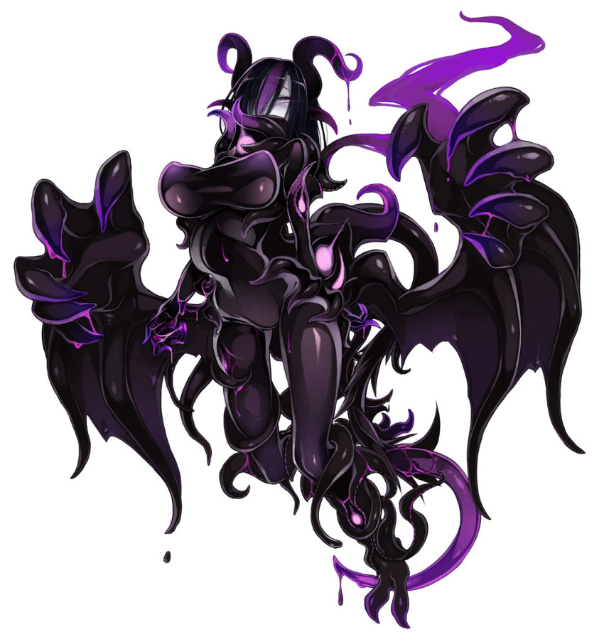 1girl, black_hair, blush, bodysuit, breasts, claws, covered_mouth, cthulhu_mythos, demon_girl, female_focus, hair_over_one_eye, highres, horns, kenkou_cross, large_breasts, monster_girl, monster_girl_encyclopedia, multicolored_hair, night_gaunt_(monster_girl_encyclopedia), official_art, pale_skin, purple_bodysuit, purple_eyes, simple_background, solo, tail, taut_clothes, tentacles, white_background, wings