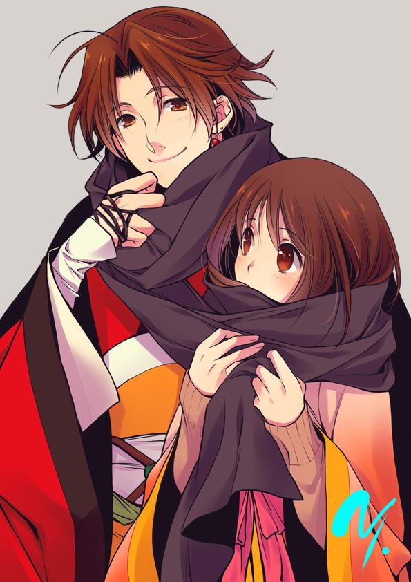 1boy, 1girl, brown_eyes, brown_hair, couple, covering_own_mouth, earrings, enpera