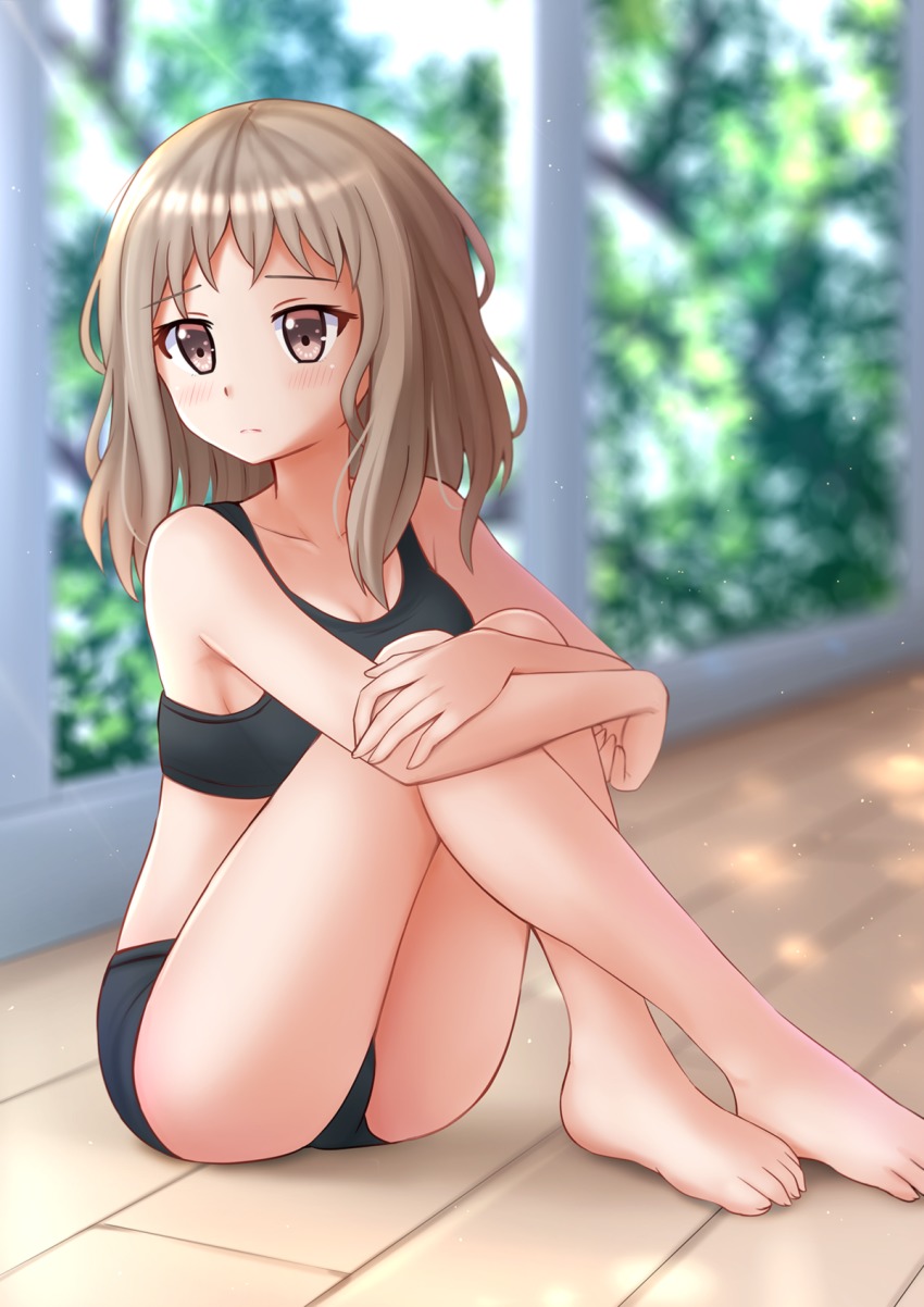 1girl, barefoot, blurry, blush, breasts, brown_eyes, brown_hair, cleavage