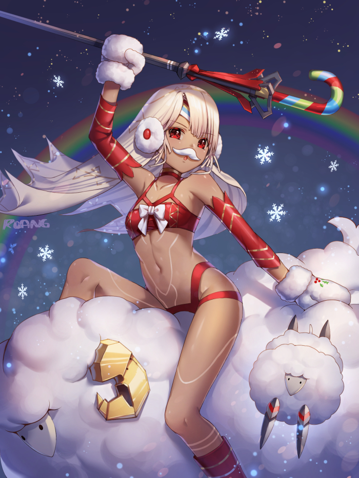 1girl, :o, altera_(fate), altera_the_santa_(fate), animal, arm_up, artist_name, bare_shoulders