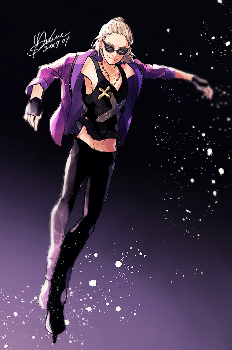 1boy, 2017, anne_(annene), bad_id, bad_pixiv_id, black_gloves, blonde_hair, cross, cross_necklace, dated, fingerless_gloves, gloves, ice_skates, jewelry, male_focus, necklace, skates, smile, sunglasses, tank_top, yuri!!!_on_ice, yuri_plisetsky