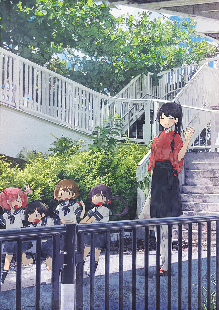 5girls, akebono_(kancolle), bandaid, bandaid_on_face, black_hair, brown_hair, day, hair_bobbles