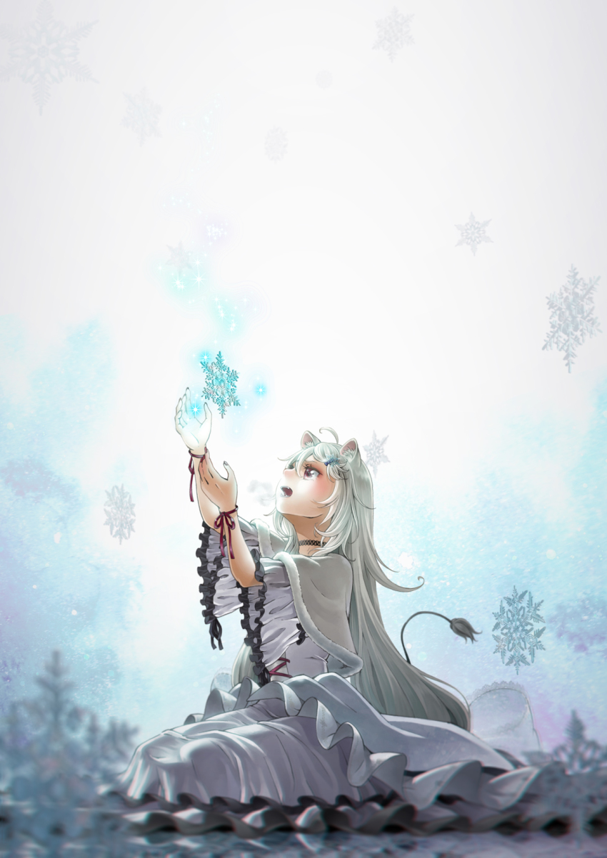 1girl, ahoge, ailane_(show_by_rock!!), animal_ears, blurry, blush, brown_eyes, capelet