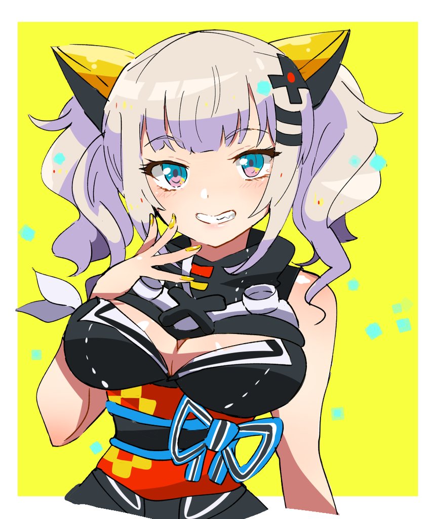 1girl, bad_id, bad_twitter_id, bare_shoulders, black_dress, blue_eyes, blunt_bangs, blush