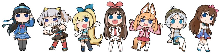 >:<, >:d, .live, 6+girls, :>, :<, :d, :o, ;d, @_@, animal_ear_fluff, animal_ears, antenna_hair, aoi_ch., asymmetrical_legwear, black_dress, black_hair, black_legwear, blue_flower, blue_headband, blue_ribbon, blue_rose, blue_shirt, blunt_bangs, bow, bowtie, breasts, brown_hair, bug, butterfly, chestnut_mouth, chibi, closed_mouth, crop_top, dennou_shoujo_siro, detached_sleeves, dot_nose, dress, facing_viewer, flat_chest, flower, fox_ears, fox_tail, fuji_aoi, fujisaki_yua, garter_straps, grin, hair_between_eyes, hair_bow, hair_ornament, hair_ribbon, hairband, hairclip, headband, high_ponytail, highres, insect, kaguya_luna, kemomimi_oukoku_kokuei_housou, kikuru_(vtuber), kizuna_ai, kizuna_ai_(1st_costume), kizuna_ai_inc., large_breasts, legs_apart, long_hair, long_image, long_sleeves, looking_at_viewer, medium_breasts, mirai_akari, mirai_akari_project, multicolored_hair, multiple_girls, navel, nekomasu_(kemomimi_vr_channel), obi, one_eye_closed, open_mouth, orange_hair, pink_bow, pink_hair, pink_hairband, pink_neckwear, pink_ribbon, plaid_clothes, plaid_shirt, ponytail, purple_eyes, ribbon, ribbon-trimmed_clothes, ribbon-trimmed_legwear, ribbon_trim, rose, sailor_collar, salute, sash, school_uniform, serafuku, sharp_teeth, shirt, short_hair, shorts, sidelocks, silver_hair, simple_background, skirt, sleeveless, sleeveless_dress, sleeveless_shirt, smile, standing, stomach, streaked_hair, striped_bow, striped_bowtie, striped_clothes, striped_neckwear, suspenders, swept_bangs, tabi, tail, tareme, teeth, the_moon_studio, thigh_strap, thighhighs, twintails, two-tone_hair, ume_(noraneko), underbust, uneven_eyes, uneven_legwear, v-shaped_eyebrows, virtual_youtuber, white_background, white_legwear, white_shorts, wide_image, wide_sleeves, x_hair_ornament, zettai_ryouiki