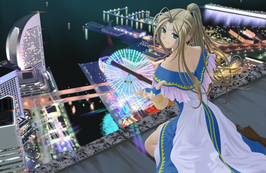 1girl, aa_megami-sama, antenna_hair, bare_shoulders, belldandy, blue_eyes, brown_hair, choker, commentary_request, earrings, facial_mark, forehead_mark, highres, jewelry, kurosuke_(kgka9751), long_hair, looking_at_viewer, ponytail, smile, very_long_hair