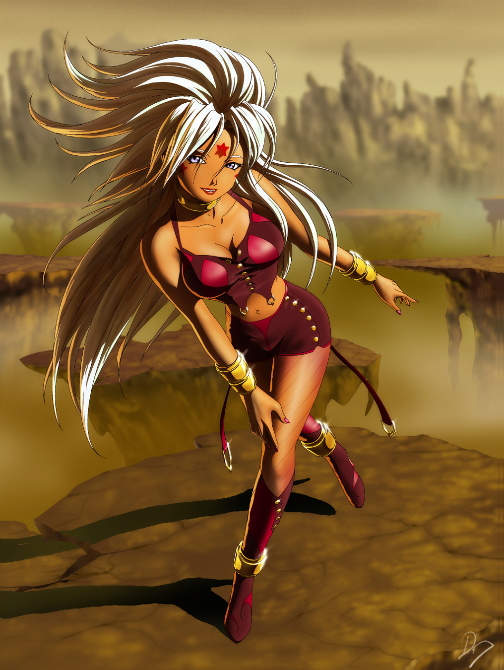 1girl, aa_megami-sama, bangle, bracelet, breasts, choker, cleavage, crop_top