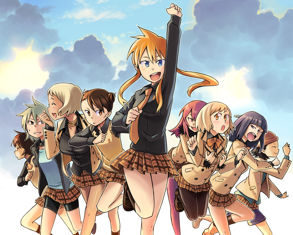 00s, 6+girls, :<, andou_nene, black_hair, blonde_hair, blush, bowieknife