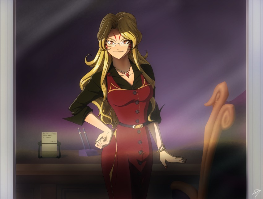 1girl, aa_megami-sama, blonde_hair, bracelet, breasts, chair, desk, earrings