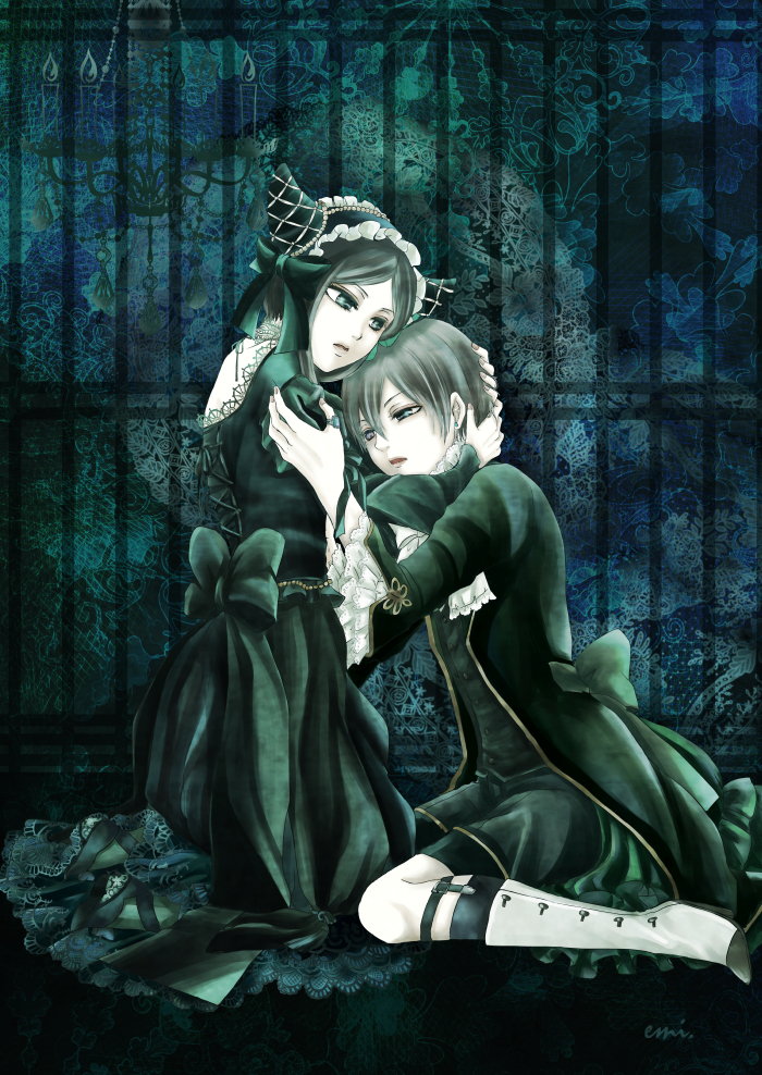 1boy, 1girl, black_hair, ciel_phantomhive, dress, gothic_lolita, green_eyes, hetero