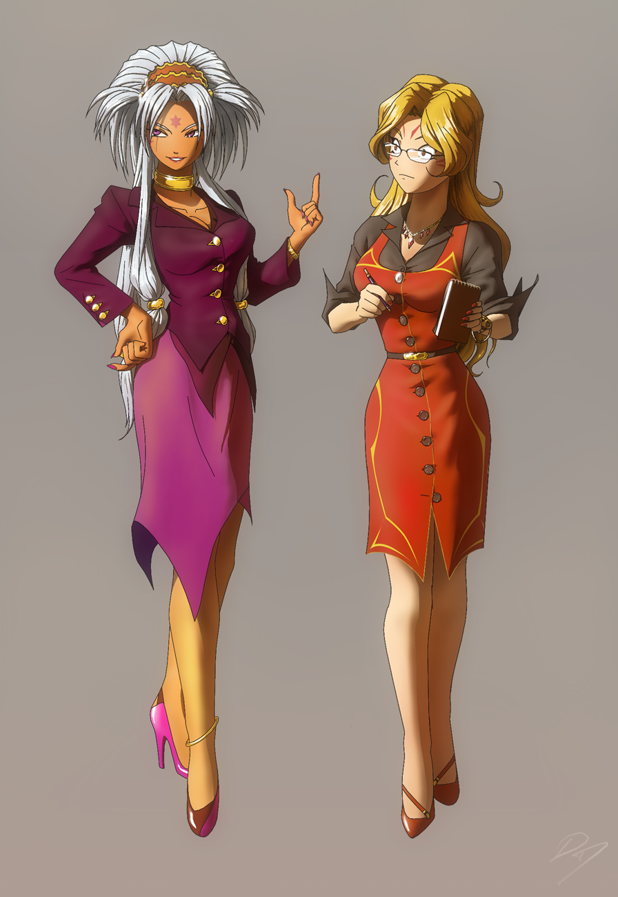 2girls, aa_megami-sama, blonde_hair, breasts, choker, cleavage, dark-skinned_female, dark_skin, east_coast_canuck, facial_mark, forehead_mark, glasses, hair_ornament, high_heels, highres, hild, jewelry, large_breasts, long_hair, marller, medium_breasts, multiple_girls, nail_polish, necklace, office_lady, pantyhose, purple_eyes, red_eyes, white_hair