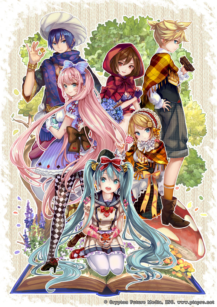 2boys, 4girls, :d, aladdin_(magi), aladdin_(magi)_(cosplay), alice_(alice_in_wonderland), alice_(alice_in_wonderland)_(cosplay), alice's_adventures_in_wonderland, alternate_costume, apple, aqua_hair, black_pantyhose, blonde_hair, blue_bow, blue_dress, blue_eyes, blue_hair, blue_scarf, book, boots, bow, breasts, brown_boots, brown_hair, candy, checkered_clothes, checkered_legwear, chocolate, chocolate_bar, cleavage, commentary_request, copyright_notice, cosplay, dress, fingerless_gloves, food, fruit, german_clothes, gloves, gretel_(hansel_and_gretel), gretel_(hansel_and_gretel)_(cosplay), hair_bow, hand_on_own_hip, hansel_(hansel_and_gretel), hansel_(hansel_and_gretel)_(cosplay), hansel_and_gretel, hatsune_miku, headdress, high_heels, highres, holding, holding_food, holding_fruit, jewelry, kagamine_len, kagamine_rin, kaito_(vocaloid), large_breasts, little_red_riding_hood_(fairy_tale), little_red_riding_hood_(fairy_tale_character), little_red_riding_hood_(fairy_tale_character)_(cosplay), lollipop, long_hair, looking_at_viewer, megurine_luka, meiko_(vocaloid), multiple_boys, multiple_girls, official_art, open_mouth, pantyhose, photoshop_(medium), pink_hair, pisuke, pleated_skirt, purple_gloves, red_bow, red_hood, ring, scarf, school_uniform, seiza, serafuku, short_hair, shorts, sitting, skirt, smile, snow_white_(fairy_tale), snow_white_(fairy_tale_character), striped_clothes, striped_dress, turban, twintails, very_long_hair, vocaloid, white_pantyhose