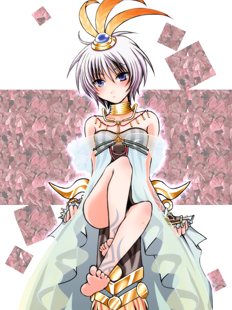 1girl, bad_anatomy, bad_feet, bare_shoulders, barefoot, blue_eyes, feathers, feet