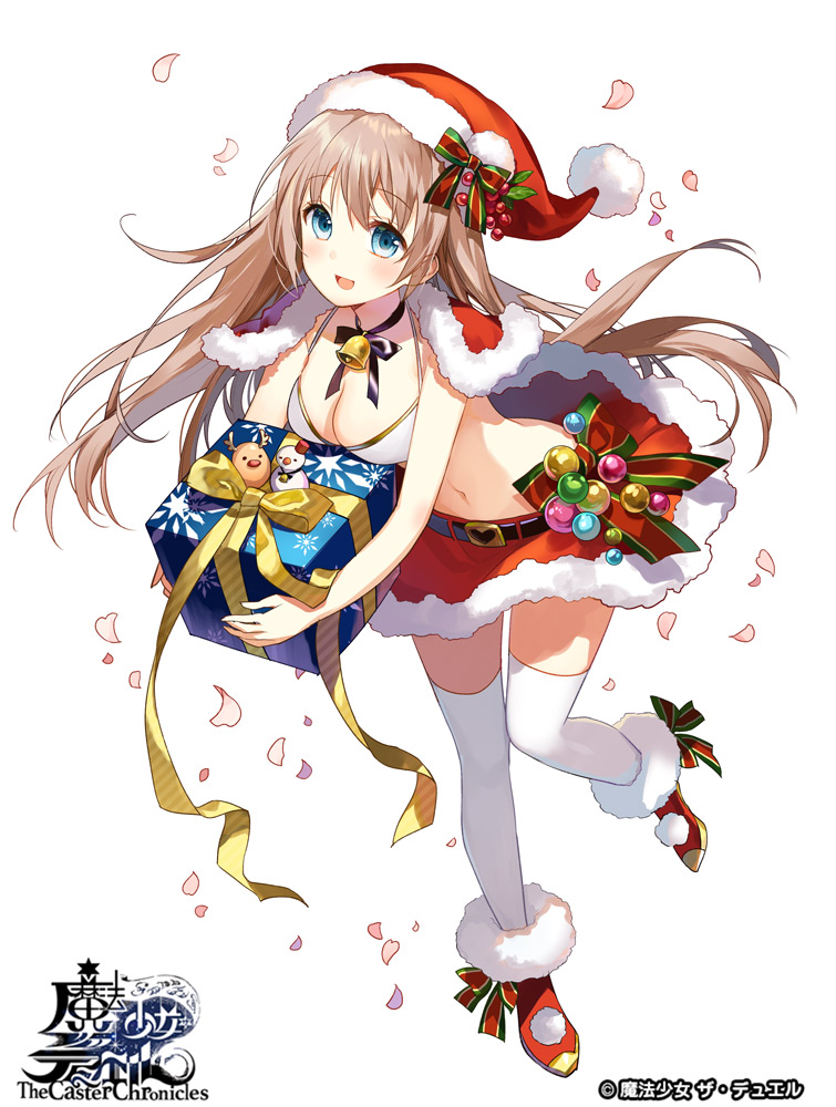 1girl, bell, bikini, bikini_top_only, blue_eyes, christmas, circle_skirt, copyright_name, female_focus, full_body, gift, hat, light_brown_hair, long_hair, navel, official_art, original, santa_bikini, santa_costume, santa_hat, simple_background, solo, swimsuit, the_caster_chronicles, thighhighs, white_background, white_thighhighs, yuzuki_kihiro