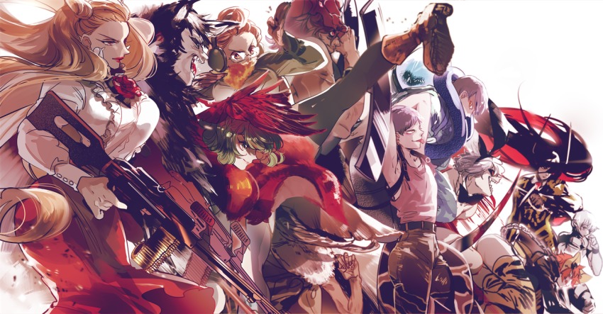 :d, aira_kanae, animal_ears, animal_print, arms_up, asako_(itiba), beard, black_hair