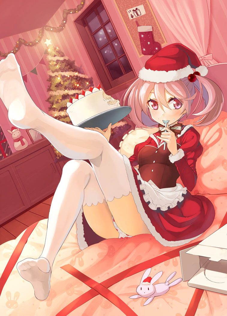 1girl, alternate_costume, artistic_error, bed, cake, christmas_stocking, christmas_tree, female_focus