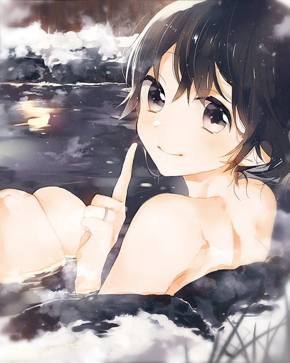 1girl, alternate_hair_length, alternate_hairstyle, bathing, black_hair, blush, closed_mouth, female_focus