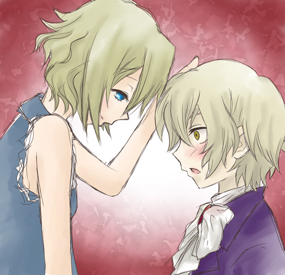 00s, 1boy, 1girl, bad_id, bad_pixiv_id, blonde_hair, blue_eyes, blush