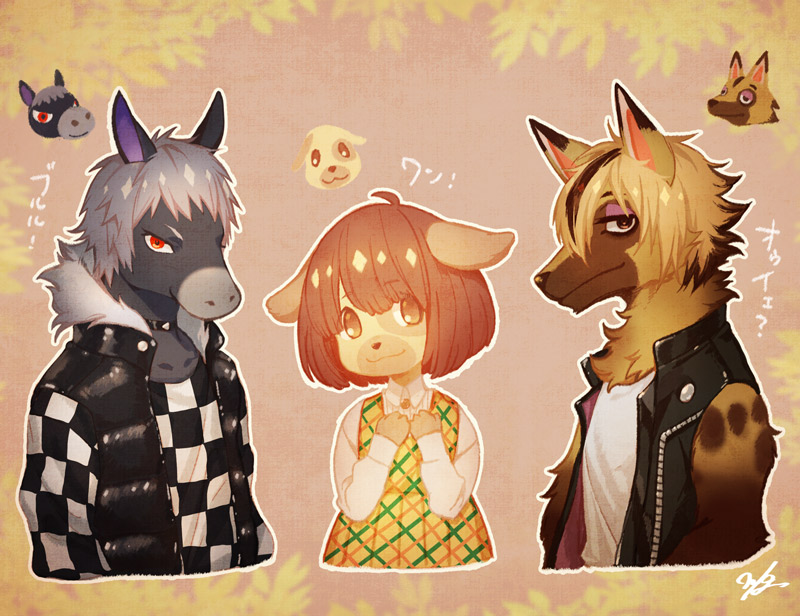 !, 1girl, 2boys, ?, animal_crossing, animal_ears, blonde_hair, bob_cut, brown_eyes, brown_hair, dog_ears, dog_girl, fur_trim, furry, goldie_(animal_crossing), grey_hair, half-closed_eyes, horse_ears, kyle_(animal_crossing), leaf, multicolored_hair, multiple_boys, nintendo, red_eyes, roscoe_(animal_crossing), two-tone_hair, wolf_ears