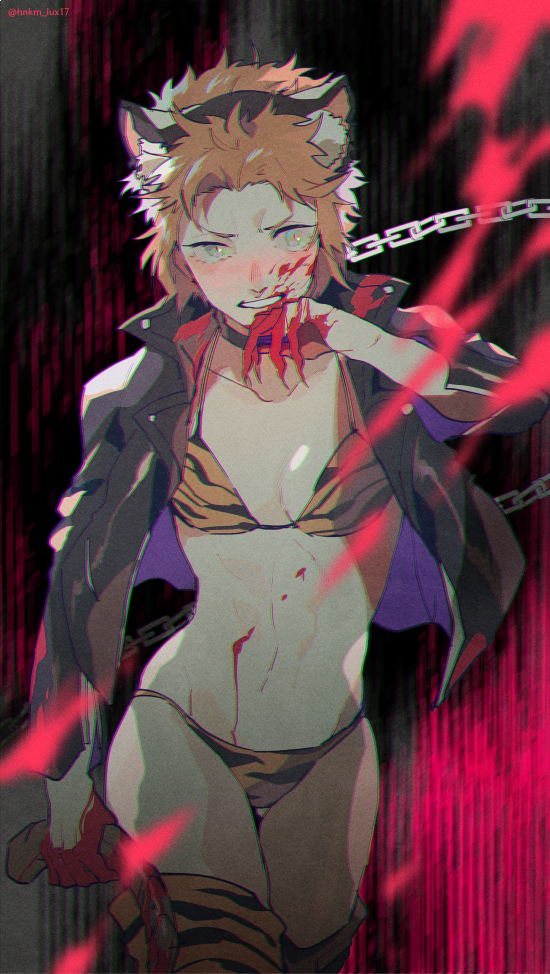1girl, aira_kanae, animal_ears, bikini, bikini_top_only, blood, blood_on_face, chain
