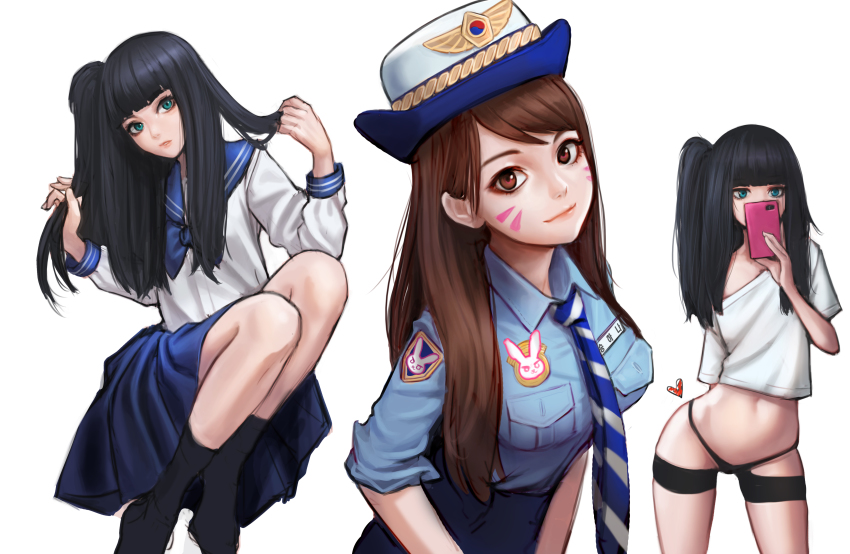 3girls, absurdres, aqua_eyes, black_hair, black_panties, black_socks, blue_hat, blue_skirt