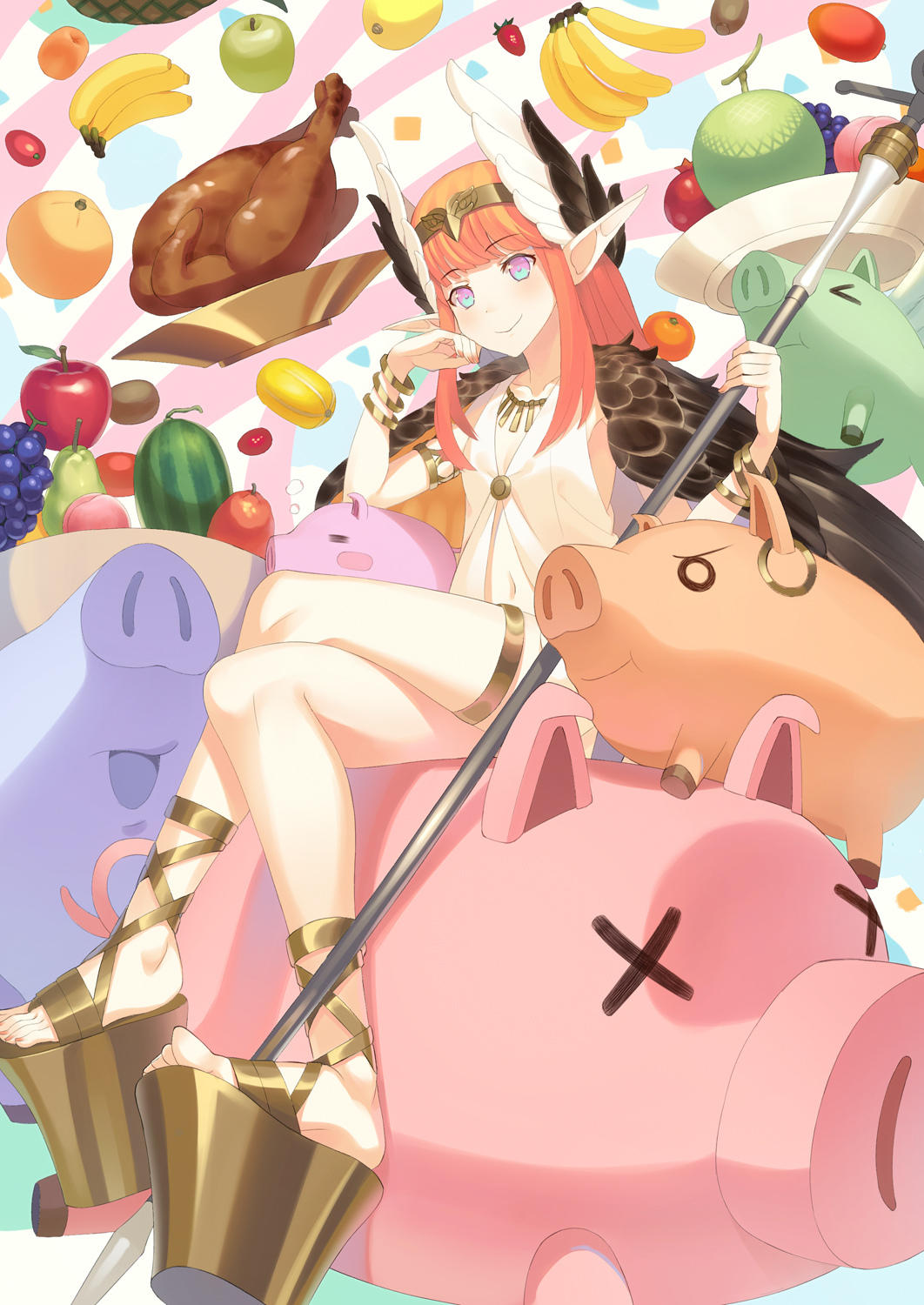 >_<, 1girl, =_=, animal, ankle_lace-up, apple, apricot_(fruit), bad_id