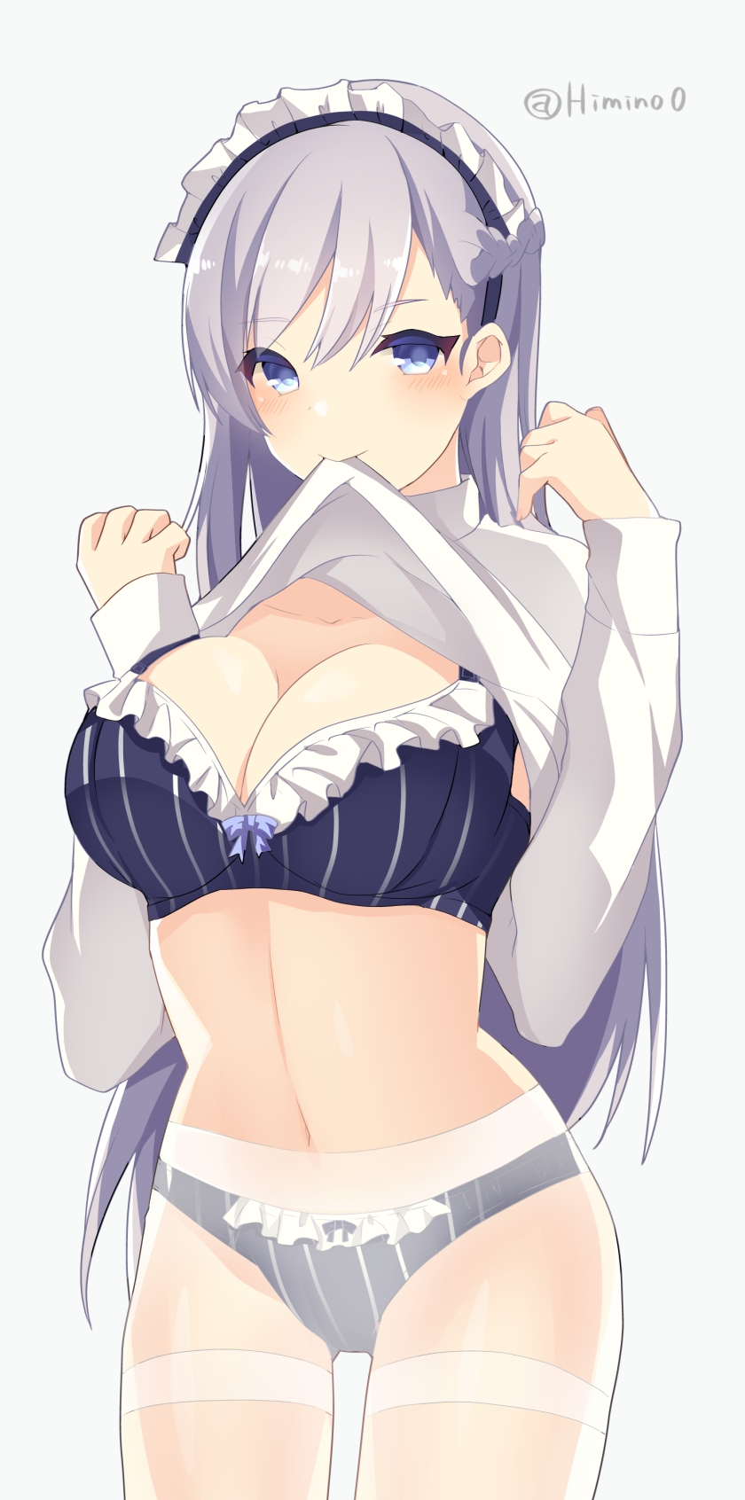 1girl, alternate_costume, azur_lane, belfast_(azur_lane), blue_bra, blue_eyes, blue_panties, blush, bra, braid, breasts, cleavage, closed_mouth, clothes_lift, cowboy_shot, female_focus, frilled_bra, frilled_panties, frills, grey_background, half_up_braid, highres, himino0, large_breasts, lifting_own_clothes, long_sleeves, looking_at_viewer, maid_headdress, mouth_hold, panties, pantyhose, silver_hair, simple_background, sleeves_past_wrists, smile, solo, standing, striped_bra, striped_clothes, striped_panties, sweater, sweater_lift, swept_bangs, thighband_pantyhose, twitter_username, underwear, vertical-striped_bra, vertical-striped_clothes, vertical-striped_panties, w_arms, white_pantyhose, white_sweater
