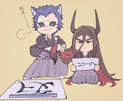2boys, black_hair, black_sclera, blue_eyes, colored_sclera, horns, japanese_clothes, jitome