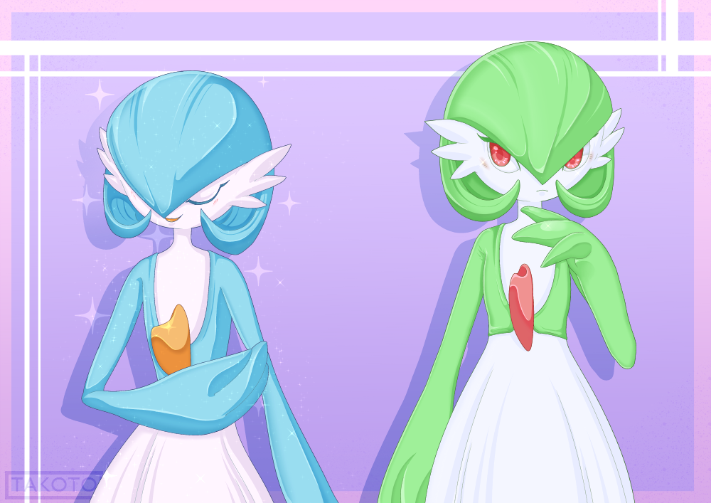 2girls, alternate_color, artist_name, blue_hair, blush, border, closed_eyes, gardevoir