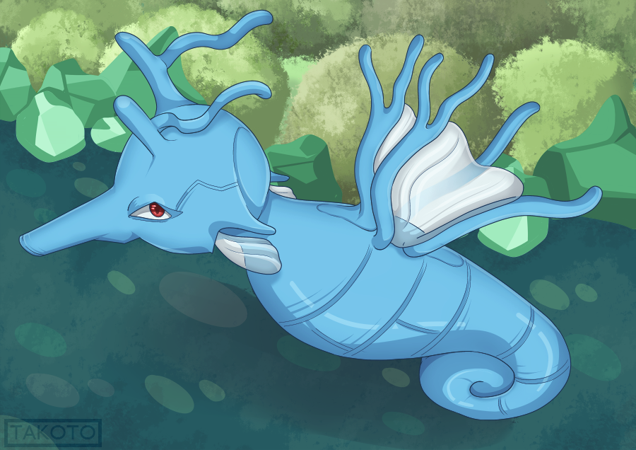 artist_name, bush, fins, full_body, gen_2_pokemon, green_background, horns, kingdra
