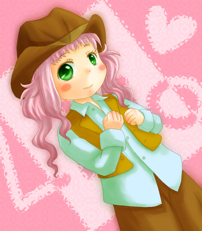 00s, bad_id, bad_pixiv_id, blush, cowboy_hat, cowboy_western, el_cazador_de_la_bruja, green_eyes, hat, lirio, pink_hair, solo, suzutou