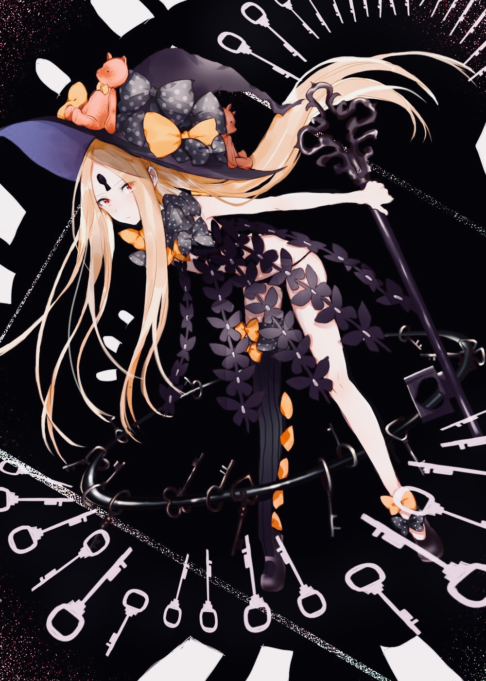 1girl, abigail_williams_(fate), abigail_williams_(second_ascension)_(fate), asymmetrical_legwear, black_bow, black_hat, black_panties, black_shoes, black_thighhighs, blonde_hair, bow, closed_mouth, commentary_request, fate/grand_order, fate_(series), female_focus, hat, hat_bow, highres, holding, holding_key, kakao_02, key, keyhole, leaning_forward, long_hair, looking_at_viewer, mary_janes, orange_bow, oversized_object, panties, parted_bangs, red_eyes, revealing_clothes, shoes, single_thighhigh, solo, stuffed_animal, stuffed_toy, teddy_bear, thighhighs, topless_female, underwear, uneven_legwear, very_long_hair, witch_hat