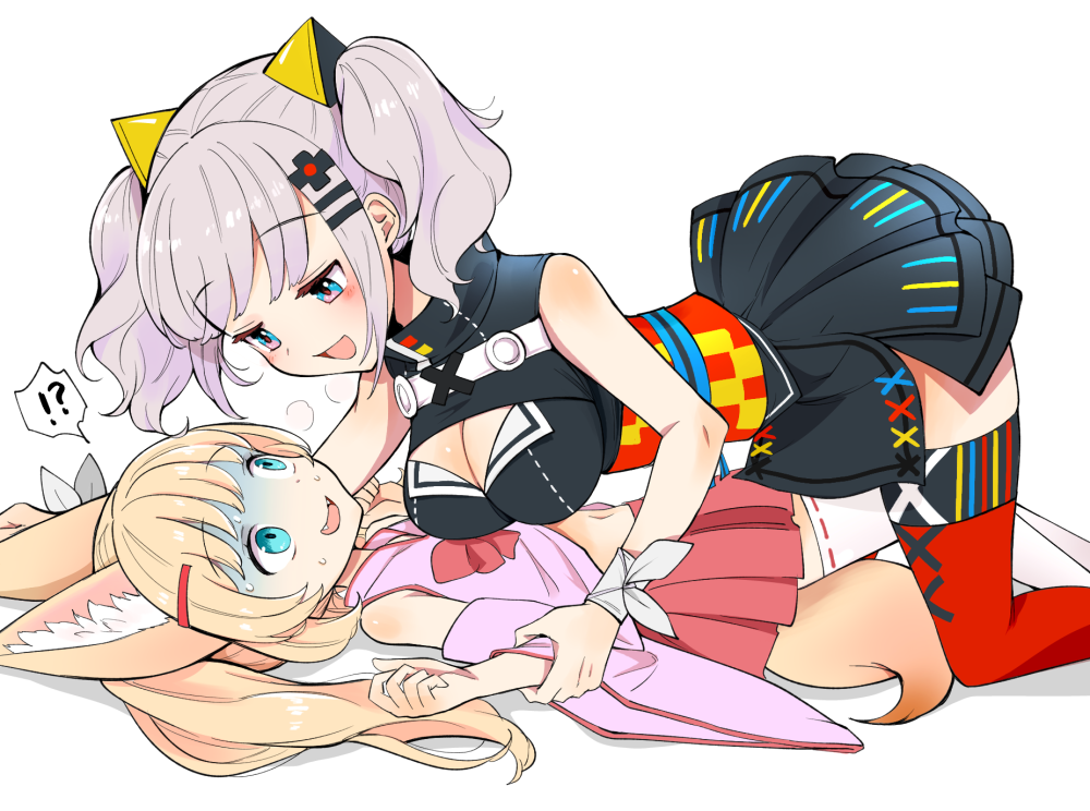 2girls, :d, animal_ear_fluff, animal_ears, arm_grab, bad_id, bad_pixiv_id, bare_shoulders, between_legs, black_dress, blonde_hair, blue_eyes, blush, body_blush, bow, breasts, breath, cleavage, cleavage_cutout, clothing_cutout, detached_sleeves, dress, eyebrows, eyelashes, fangs, flat_chest, fox_ears, fox_tail, girl_on_top, hair_ornament, hairclip, heavy_breathing, kaguya_luna, kanimura_ebio, kemomimi_oukoku_kokuei_housou, large_breasts, long_hair, long_sleeves, lying, miniskirt, multicolored_eyes, multiple_girls, navel, nekomasu_(kemomimi_vr_channel), obi, on_back, open_mouth, pink_eyes, pleated_skirt, red_bow, red_legwear, red_skirt, ribbon, ribbon-trimmed_legwear, ribbon_trim, sash, shadow, short_dress, sidelocks, silver_hair, simple_background, skirt, sleeveless, sleeveless_dress, smile, stomach, striped_ribbon, sweat, tail, tareme, the_moon_studio, thighhighs, tongue, turtleneck, twintails, vertical_stripes, virtual_youtuber, white_background, white_legwear, white_ribbon, wide_sleeves, wrist_ribbon, wristband, x_hair_ornament, yuri, zettai_ryouiki