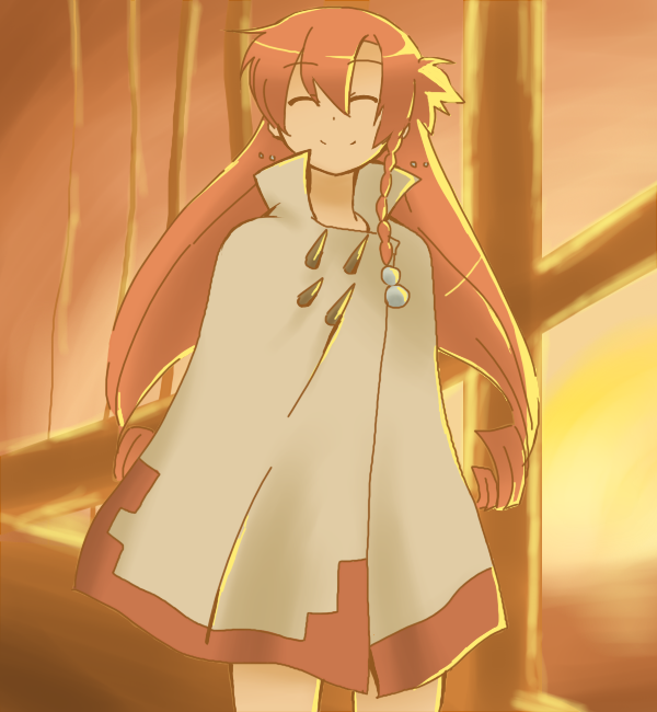 00s, 1girl, asymmetrical_hair, braid, cape, el_cazador_de_la_bruja, female_focus, long_hair, mexico, nadie, red_hair, smile, solo, toyama96