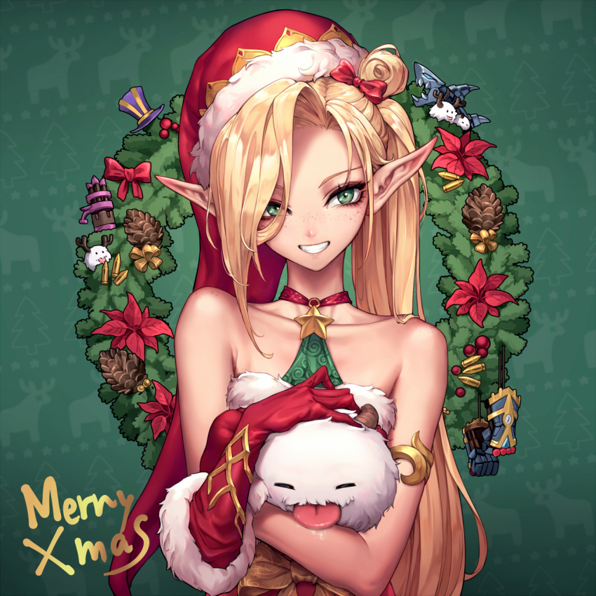 1girl, alternate_costume, alternate_hair_color, ambitious_elf_jinx, bare_shoulders, blonde_hair, choker, christmas, christmas_tree, freckles, fur_trim, gauntlets, gloves, green_background, hair_bun, has_bad_revision, hat, head_tilt, highres, jinx_(league_of_legends), league_of_legends, long_hair, oopartz_yang, pointy_ears, red_choker, red_gloves, red_hat, santa_costume, santa_hat, single_hair_bun, single_side_bun, skirt, very_long_hair
