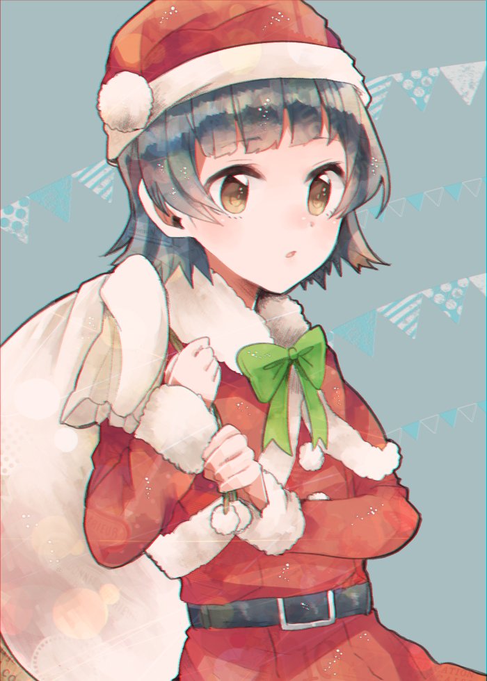 1girl, arare_(christmas)_(kancolle), arare_(kancolle), bad_id, bad_twitter_id, bag, belt, black_hair, bow, bowtie, brown_eyes, coat, female_focus, green_bow, green_bowtie, hat, itomugi-kun, kantai_collection, long_sleeves, sack, santa_costume, santa_hat, short_hair, solo