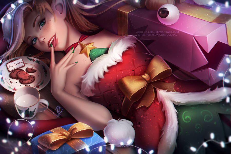 1girl, alternate_hair_color, ambitious_elf_jinx, blonde_hair, choker, christmas, christmas_tree, cookie, food, freckles, fur_trim, hat, jinx_(league_of_legends), league_of_legends, lipstick, long_hair, makeup, milk, olchas, pointy_ears, red_choker, red_headwear, santa_costume, santa_hat, very_long_hair