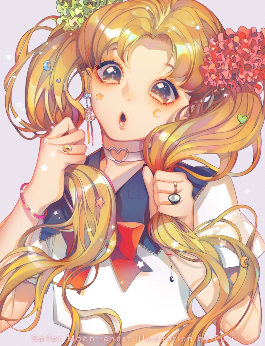 1girl, :d, artist_name, bishoujo_senshi_sailor_moon, blonde_hair, bow, bracelet, choker, close-up, crescent, earrings, facial_mark, female_focus, hair_ornament, heart, heart_choker, highres, holding, holding_own_hair, jewelry, lipstick, long_hair, makeup, making-of_available, multicolored_eyes, open_mouth, parted_bangs, purii, purple_background, red_bow, ring, school_uniform, serafuku, smile, solo, tsukino_usagi, twintails, very_long_hair, watermark