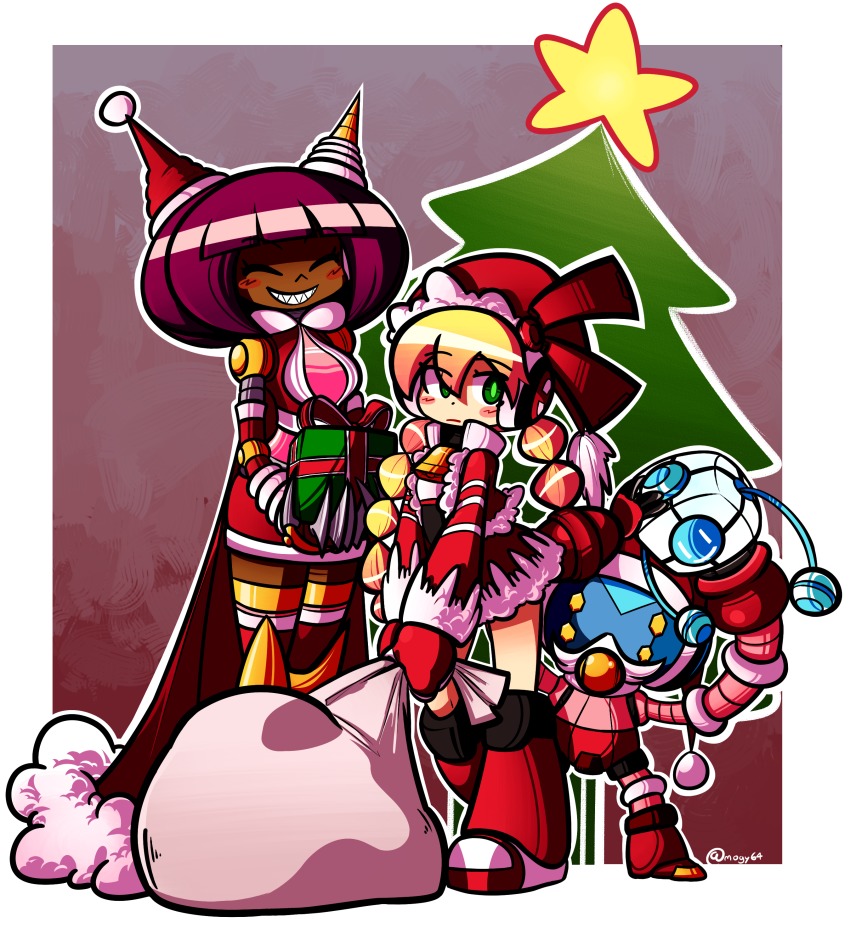 3girls, absurdres, android, antennae, bag, blonde_hair, blush, bob_cut, breasts, call_(mighty_no._9), call_f, cloak, cryosphere, dark-skinned_female, dark_skin, dress, dynatron_(mighty_no._9), eyebrows, closed_eyes, gift, green_eyes, hairband, hat, headphones, highres, jacket, long_hair, mighty_no._9, multiple_girls, no_humans, purple_hair, robot, santa_hat, sharp_teeth, shirt, short_hair, smile, teeth, thighs, twintails