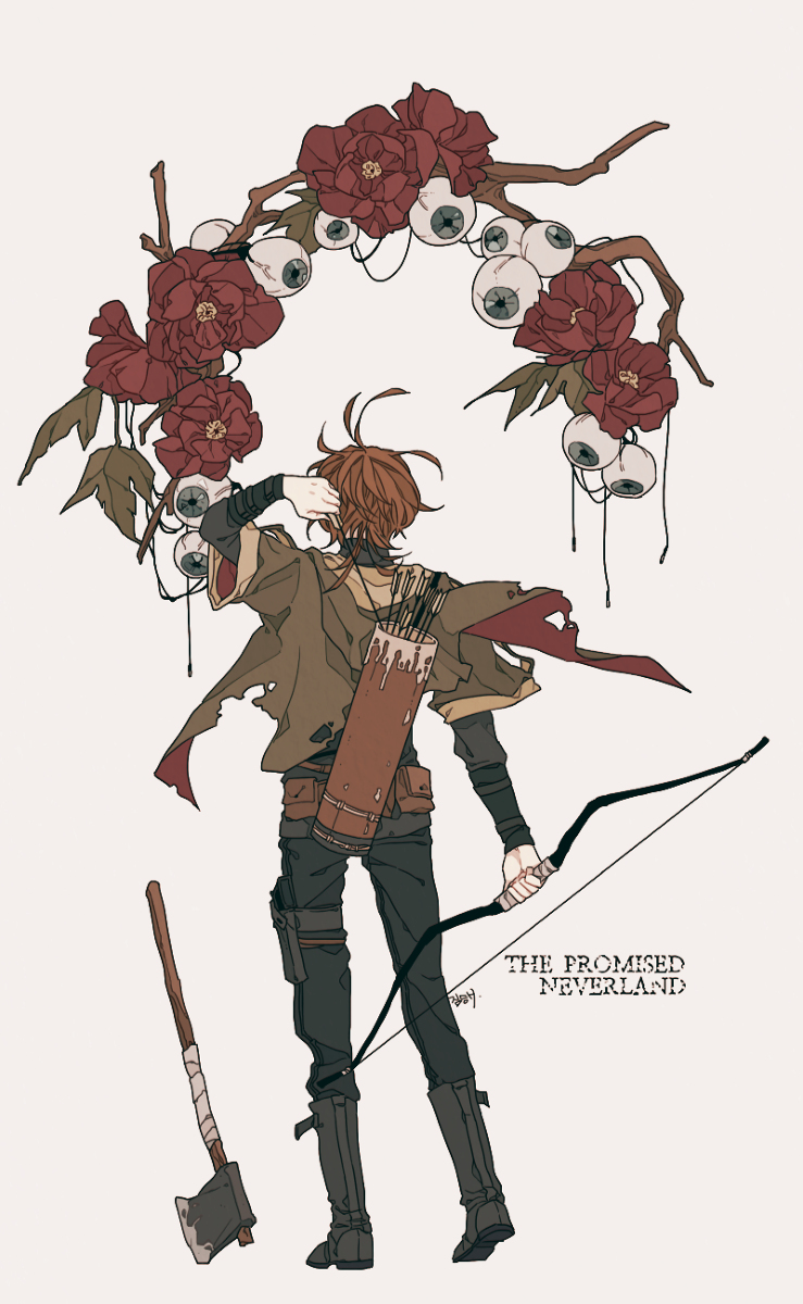 1girl, arrow_(projectile), axe, bow_(weapon), emma_(yakusoku_no_neverland), eyeball, facing_away, flower