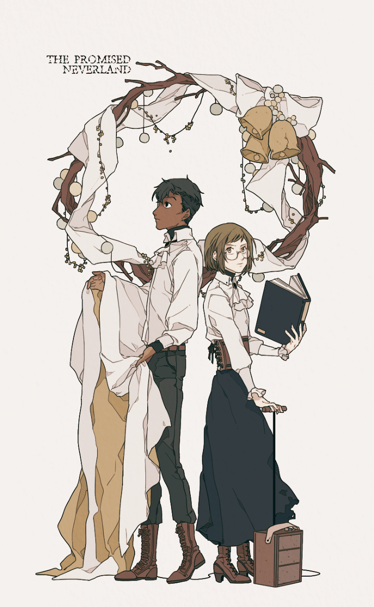 1boy, 1girl, back-to-back, bell, book, dark_skin, don_(yakusoku_no_neverland), gilda_(yakusoku_no_neverland)