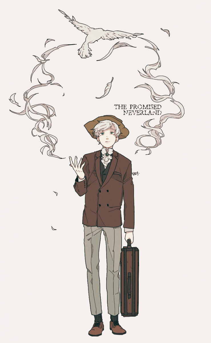 bird, blue_eyes, feathers, formal_clothes, h_(pixiv18033498), hat, highres, luggage
