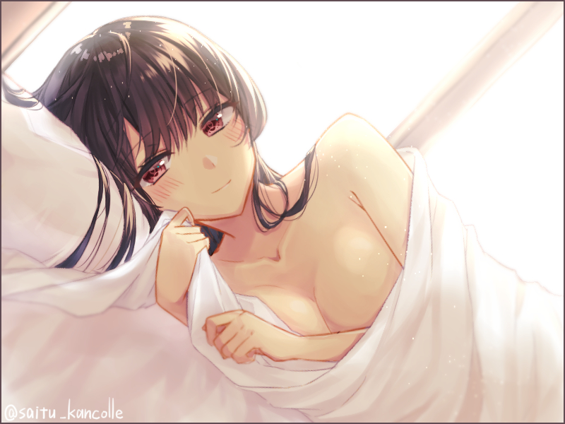 1girl, bad_id, bad_nicoseiga_id, bed, bed_sheet, black_hair, blanket, collarbone, female_focus, fusou_(kancolle), kantai_collection, long_hair, looking_at_viewer, lying, morning_after, naked_sheet, on_bed, on_side, pillow, pov_across_bed, red_eyes, saitu_miki, smile, solo, under_covers