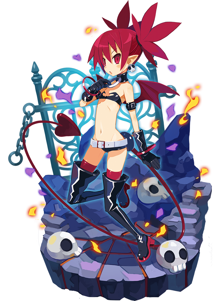 1girl, alpha_transparency, bat_wings, demon_girl, demon_tail, demon_wings, disgaea, earrings, elbow_gloves, etna_(disgaea), faux_figurine, female_focus, flat_chest, full_body, gloves, harada_takehito, jewelry, makai_wars, mini_wings, official_art, pointy_ears, red_hair, skull_earrings, solo, tail, transparent_background, wings