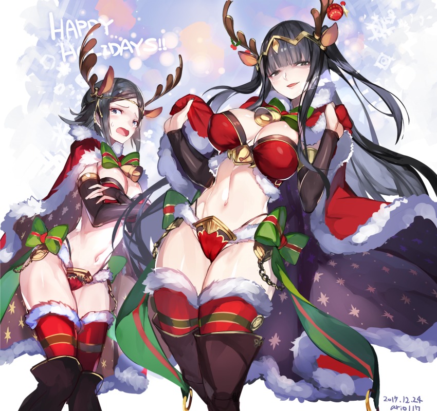 2girls, animal_ears, antlers, ario, artist_name, bell, black_eyes, black_hair