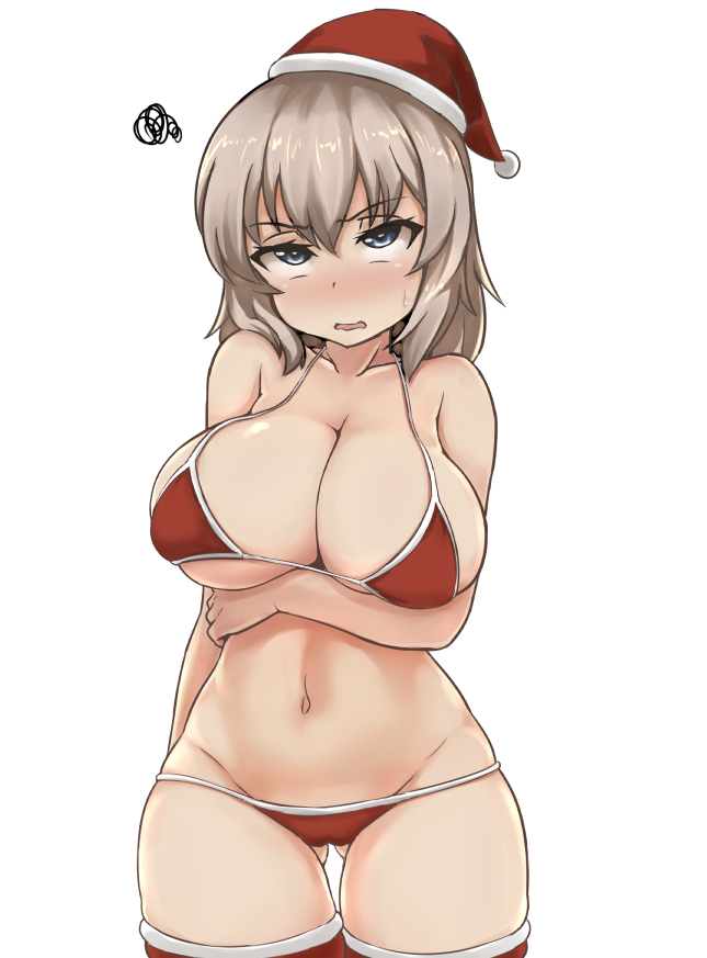 10s, 1girl, bikini, blue_eyes, blush, breasts, brown_hair, christmas, commentary_request, female_focus, girls_und_panzer, hat, itsumi_erika, large_breasts, navel, red_bikini, red_hat, red_thighhighs, santa_bikini, santa_costume, santa_hat, shanaharuhi, short_hair, simple_background, solo, standing, swimsuit, thighhighs, white_background
