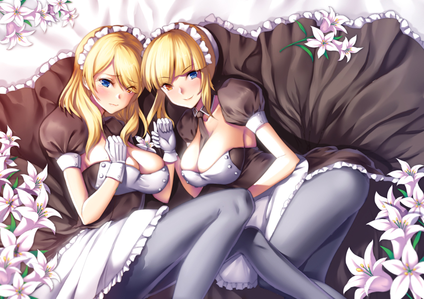 2girls, apron, black_legwear, blonde_hair, blue_eyes, breasts, flower, gloves