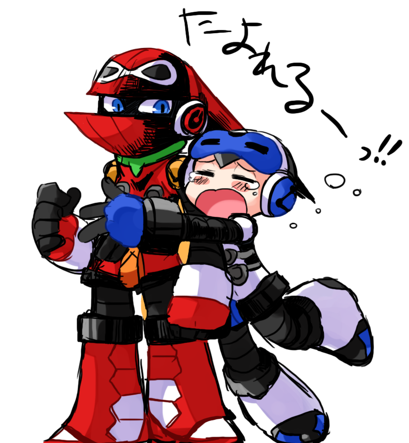 2boys, android, armor, beck_(mighty_no._9), blue_eyes, brandish_(mighty_no._9), eyebrows, closed_eyes