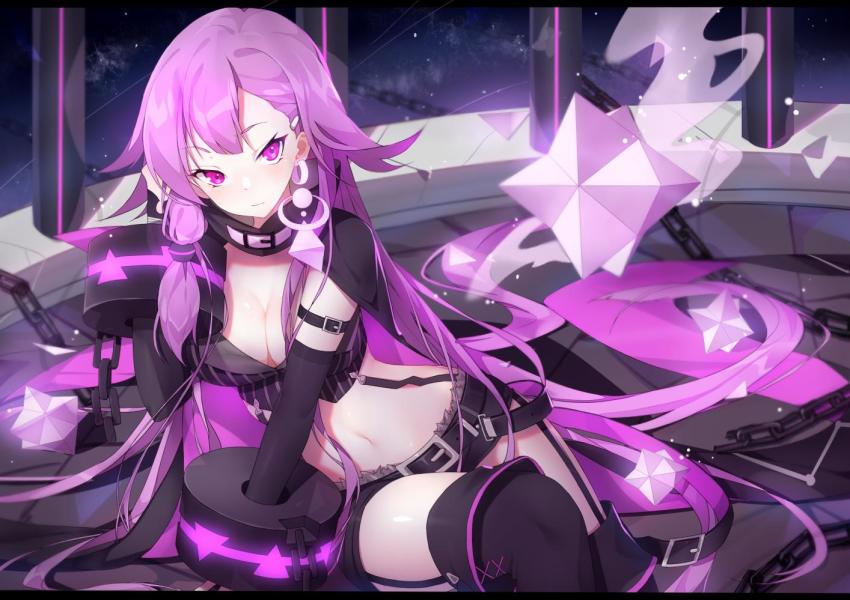 1girl, absurdly_long_hair, arm_support, asymmetrical_bangs, belt, black_boots, boots, breasts, bustier, chain, cleavage, detached_sleeves, earrings, female_focus, forever_7th_capital, garter_straps, hair_flaps, hair_ornament, hair_spread_out, hairclip, jewelry, large_breasts, long_hair, looking_at_viewer, lulu_(forever_7th_capital), midriff, navel, pinstripe_pattern, purple_eyes, purple_hair, sela_(08180074), short_shorts, shorts, single_sidelock, sitting, solo, striped, suspenders, thigh_boots, thighhighs, very_long_hair, weights